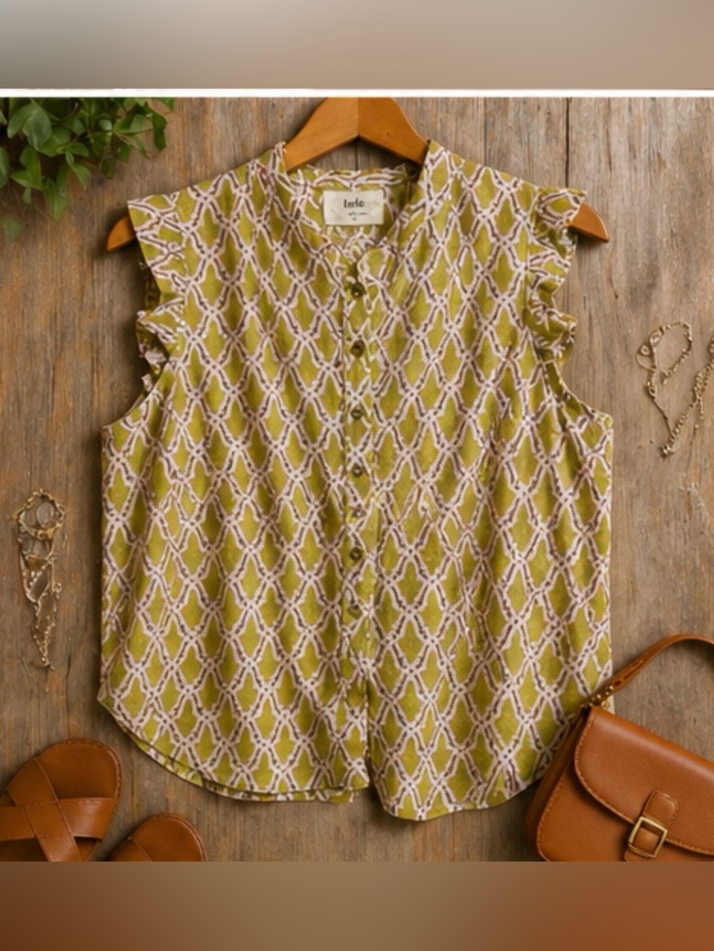 Jade by Melody Tam Boho Indie Geometric Flutter Sleeve Chartreuse Blouse Size S